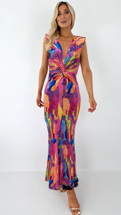 Ashley Printed Maxi Dress with Front Knot and Open Back - Purple and Blue