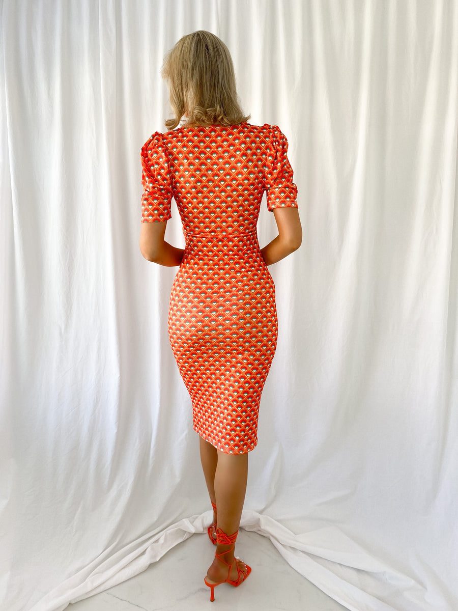 orange pencil dress Yvonne Shell Print Pencil Dress with Puff Shoulders