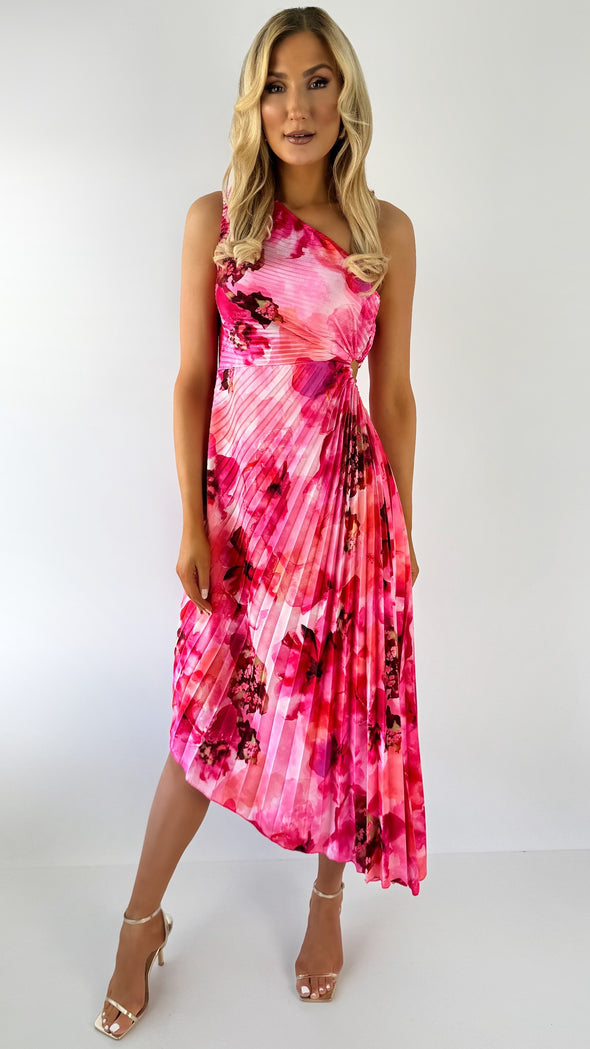 Vivian One Shoulder Drape Dress - Floral Pink