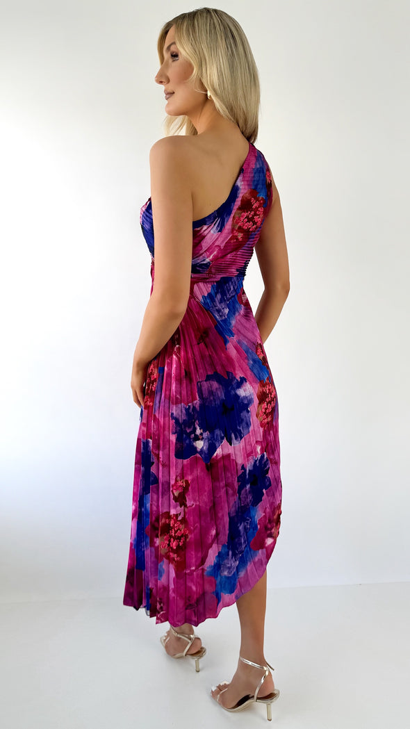 Vivian One Shoulder Drape Dress - Fuchsia and Blue
