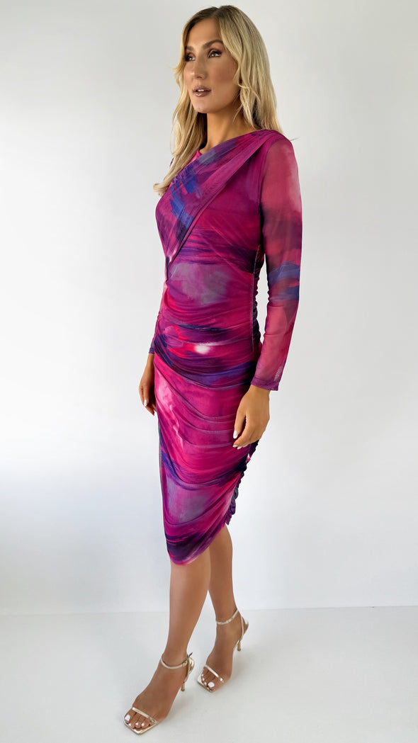 Anne Ruched Printed Long Sleeves Bodycon Dress - Pink and Blue