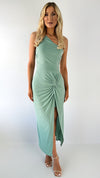 Linda One Shoulder Maxi Dress with Front Knot and Short Skirt - Sage Green