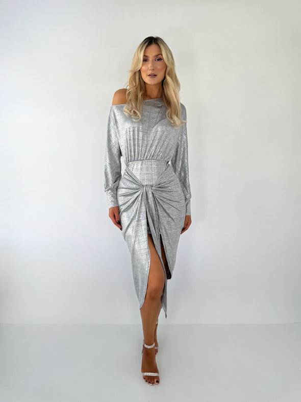 Metallic Drop Shoulder Midi Dress - Silver
