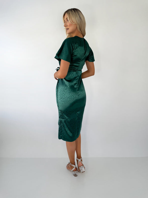 Scarlet Emerald Leopard Satin Angel Sleeve Wrap Skirt Midi Dress