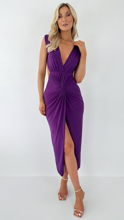 Melissa Bodycon Midi Dress with Front Knot and Open Back - Purple