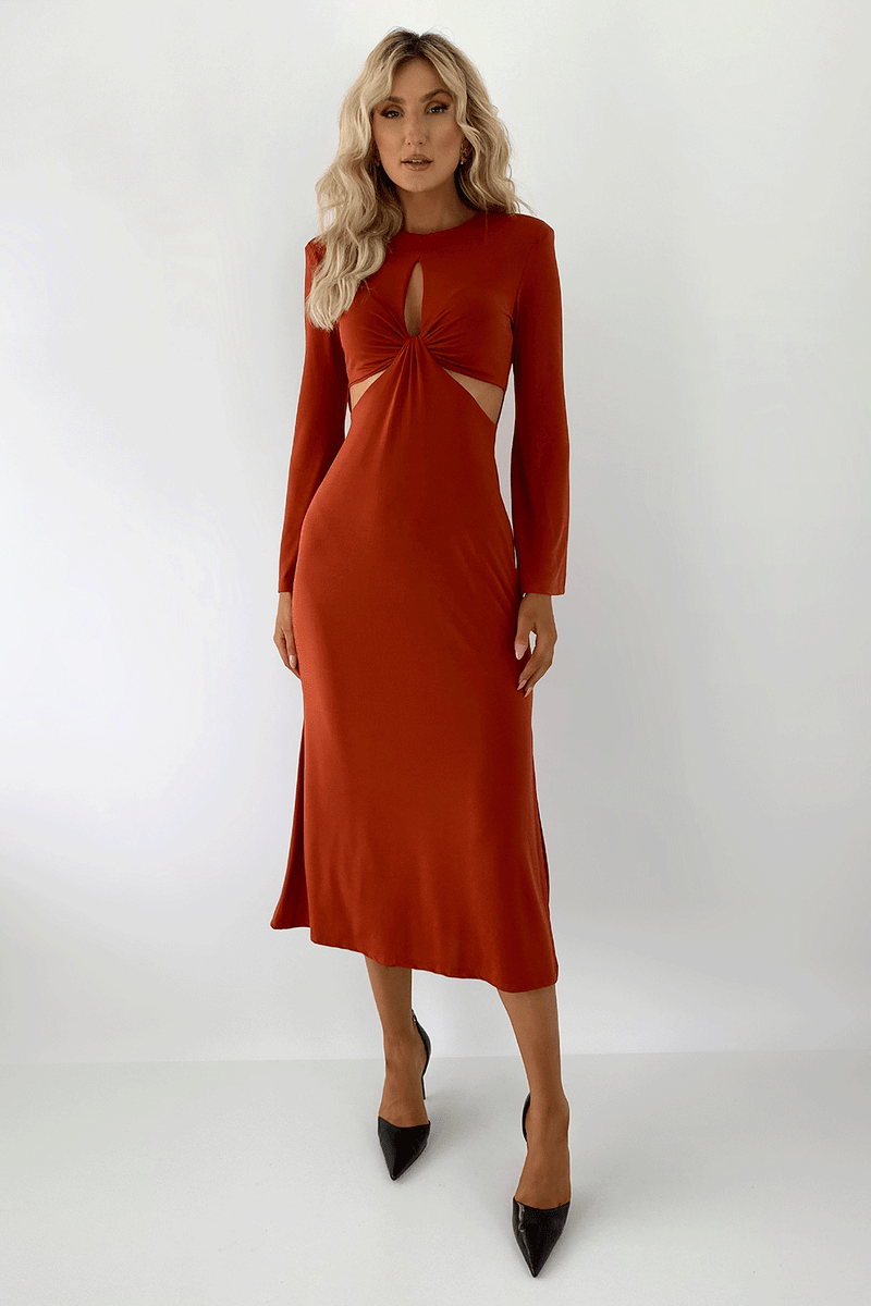 Lillian Long Sleeved Cut Out Midi Dress - Rust  dresses.ie
