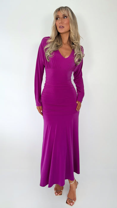 Ciara Long Sleeved Ruched Waist Maxi Dress - Purple