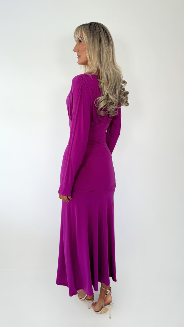 Ciara Long Sleeved Ruched Waist Maxi Dress - Purple