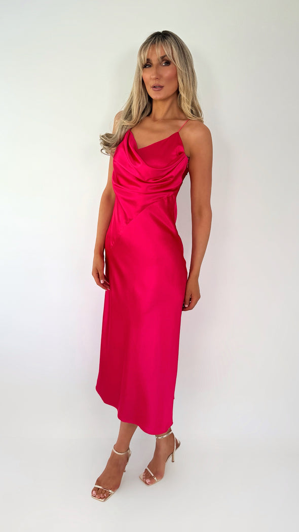 Helena Maxi  Satin Plisse Dress - Fuchsia