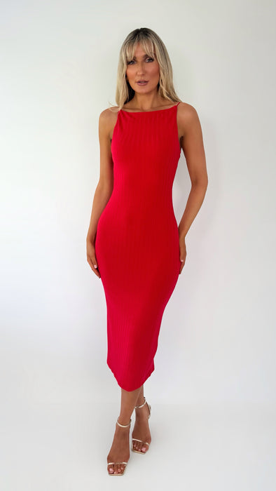 Giulia Midi Ribbed Knit Dress - Red