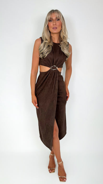 Bella Cut Out Midi Dress with Gold Detail - Brown