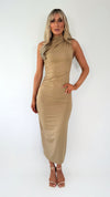 Emily High Neck Ruched Side Maxi Dress - Camel