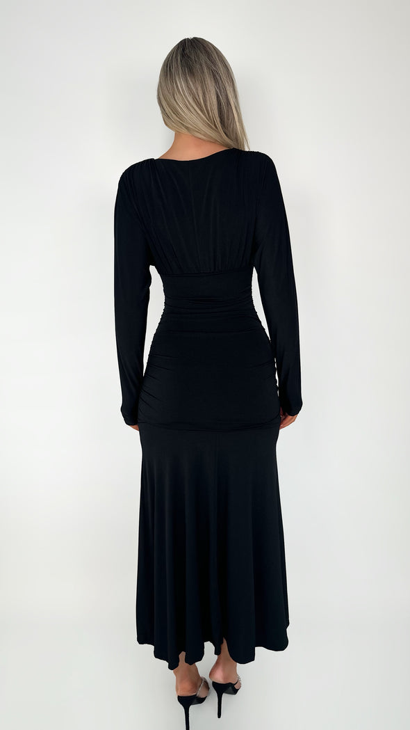 Ciara Long Sleeved Ruched Waist Maxi Dress - Black