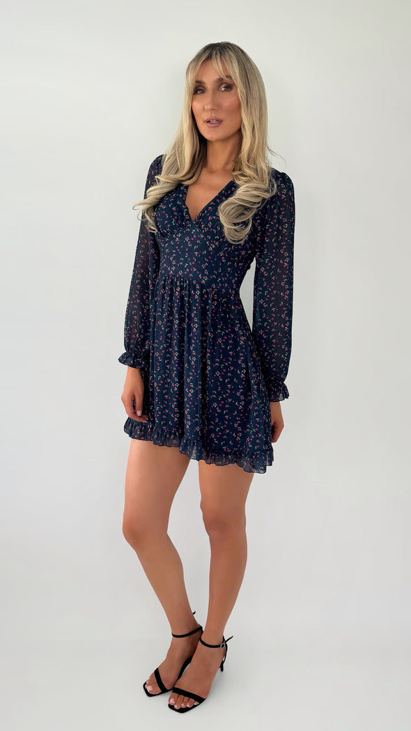 Bella Floral Long Sleeved Dress - Navy
