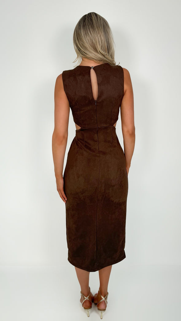 Bella Cut Out Midi Dress with Gold Detail - Brown