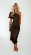 Julie One Shoulder Satin Maxi Dress - Brown