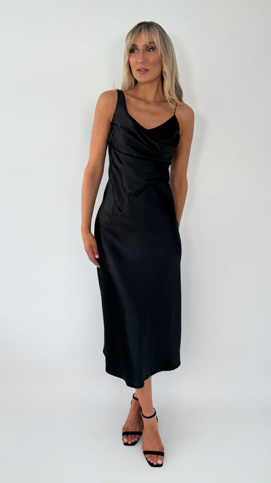 Helena Maxi  Satin Plisse Dress - Black
