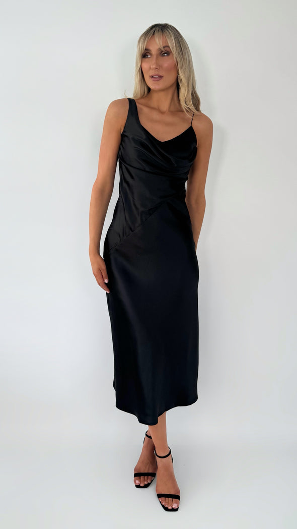 Helena Maxi  Satin Plisse Dress - Black
