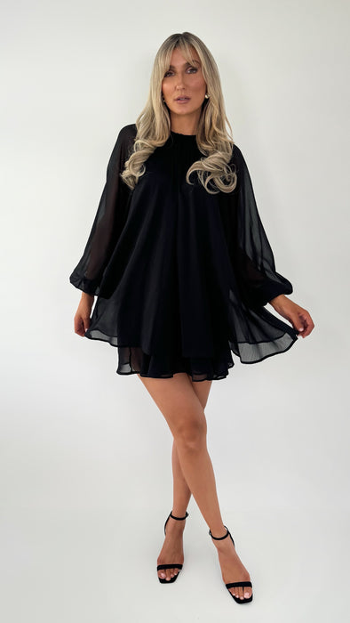 Kate Loose Chiffon Mini Dress - Black