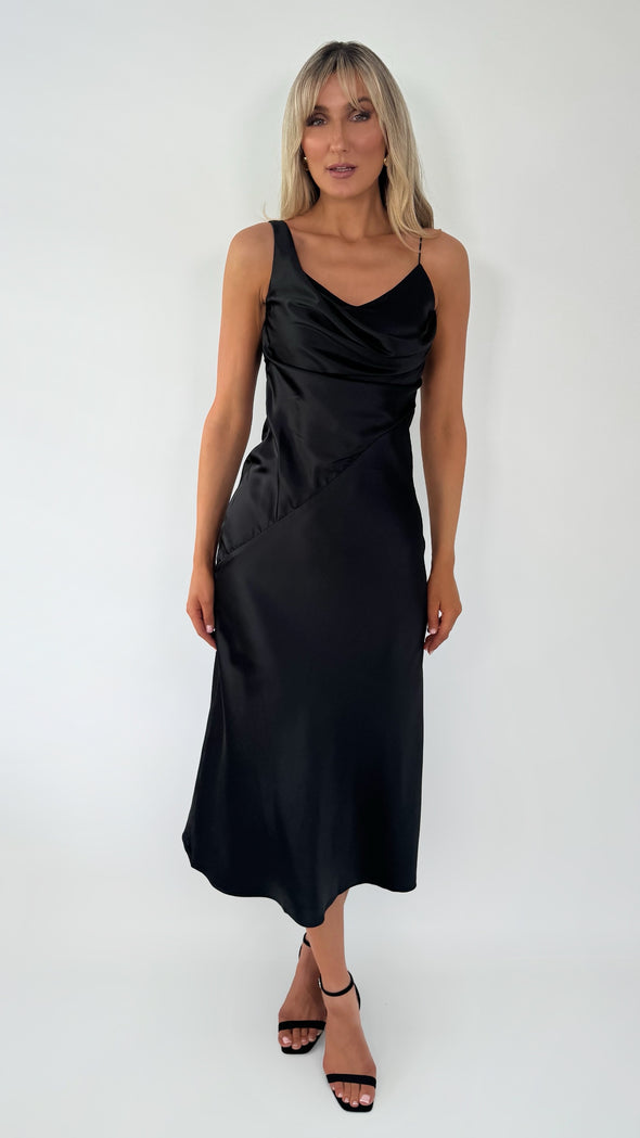 Helena Maxi  Satin Plisse Dress - Black