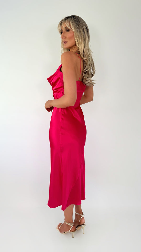 Helena Maxi  Satin Plisse Dress - Fuchsia