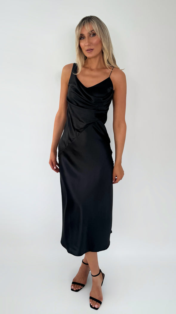 Helena Maxi  Satin Plisse Dress - Black