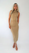 Emily High Neck Ruched Side Maxi Dress - Camel