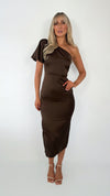 Julie One Shoulder Satin Maxi Dress - Brown