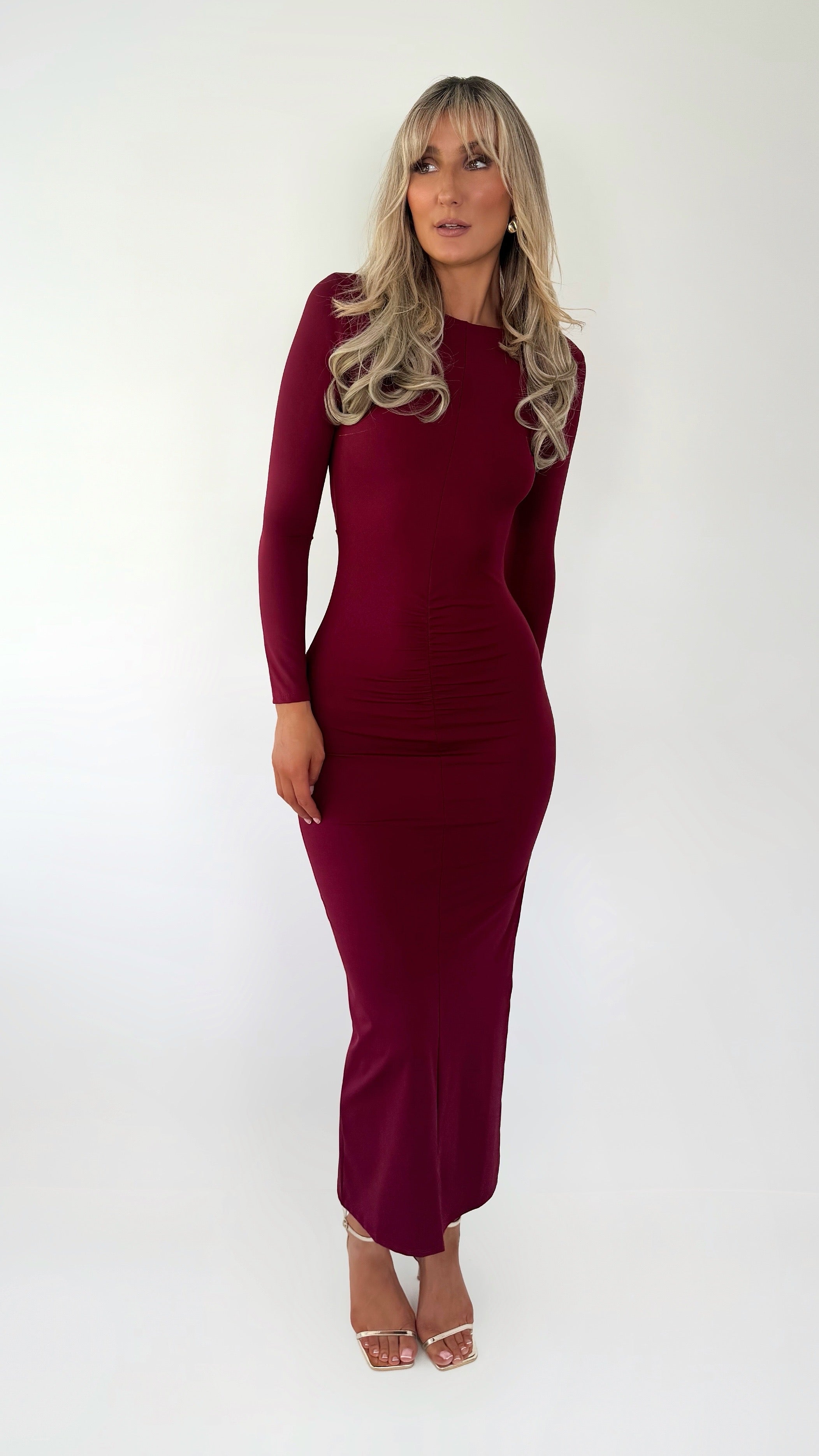 Maeve Long Sleeve Open Back Maxi Dress - Burgundy dresses.ie Maeve Long Sleeve Open Back Maxi Dress - Burgundy dresses.ie
