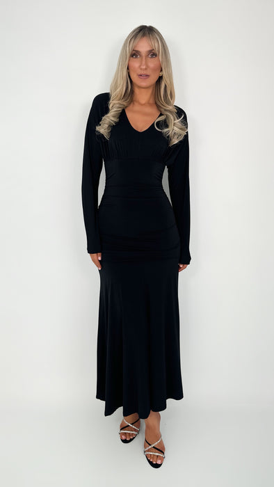 Ciara Long Sleeved Ruched Waist Maxi Dress - Black