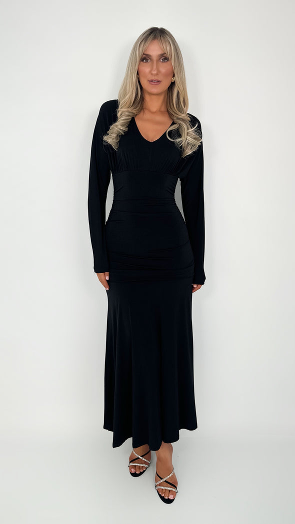 Ciara Long Sleeved Ruched Waist Maxi Dress - Black