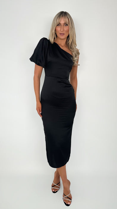 Julie One Shoulder Satin Maxi Dress - Black