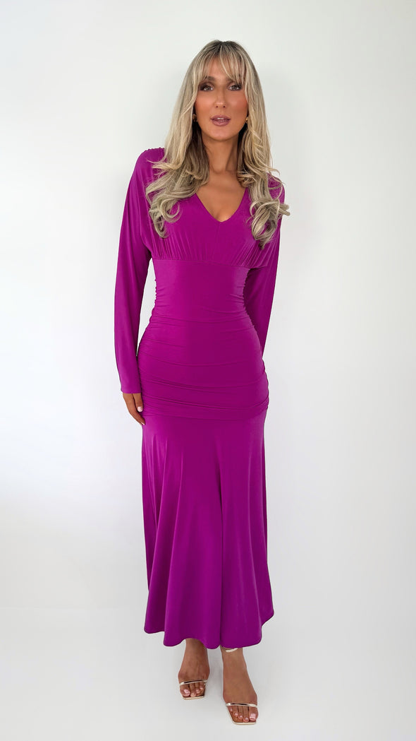 Ciara Long Sleeved Ruched Waist Maxi Dress - Purple