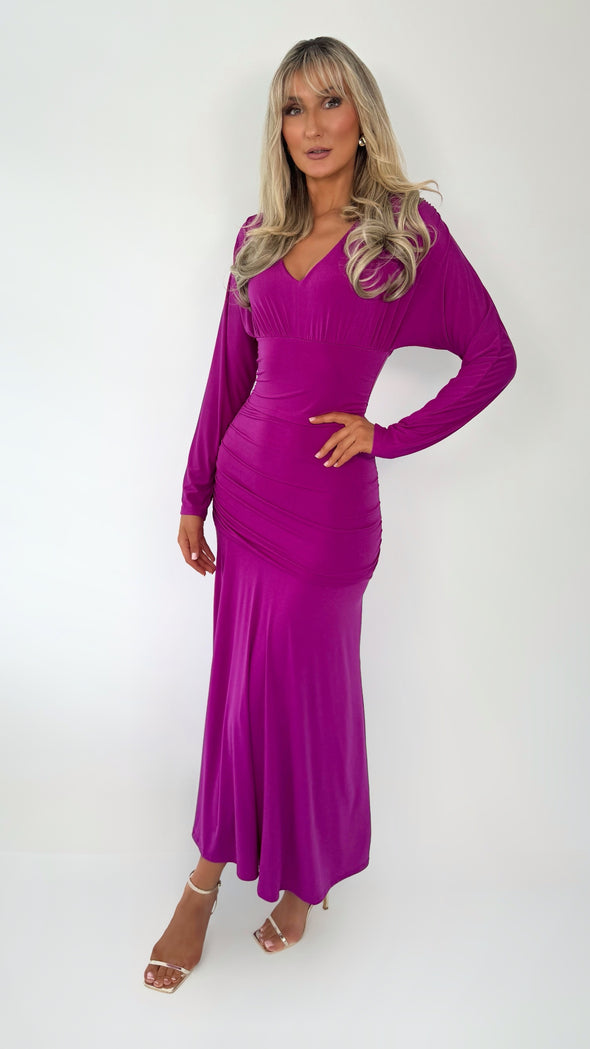 Ciara Long Sleeved Ruched Waist Maxi Dress - Purple