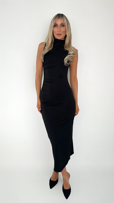 Emily High Neck Ruched Side Maxi Dress - Black