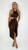 Bella Cut Out Midi Dress with Gold Detail - Brown