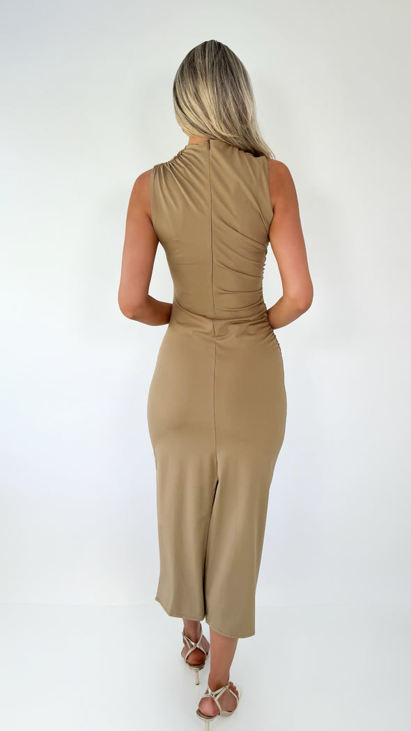 Emily High Neck Ruched Side Maxi Dress - Camel