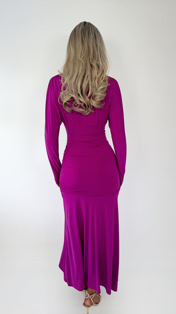 Ciara Long Sleeved Ruched Waist Maxi Dress - Purple