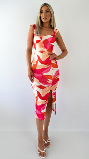 Sharon Printed Bodycon Dress with Front Slit - Fuchsia