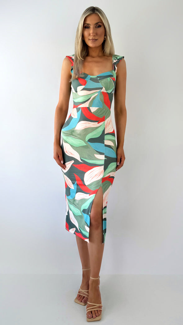 Sharon Printed Bodycon Dress with Front Slit - Green