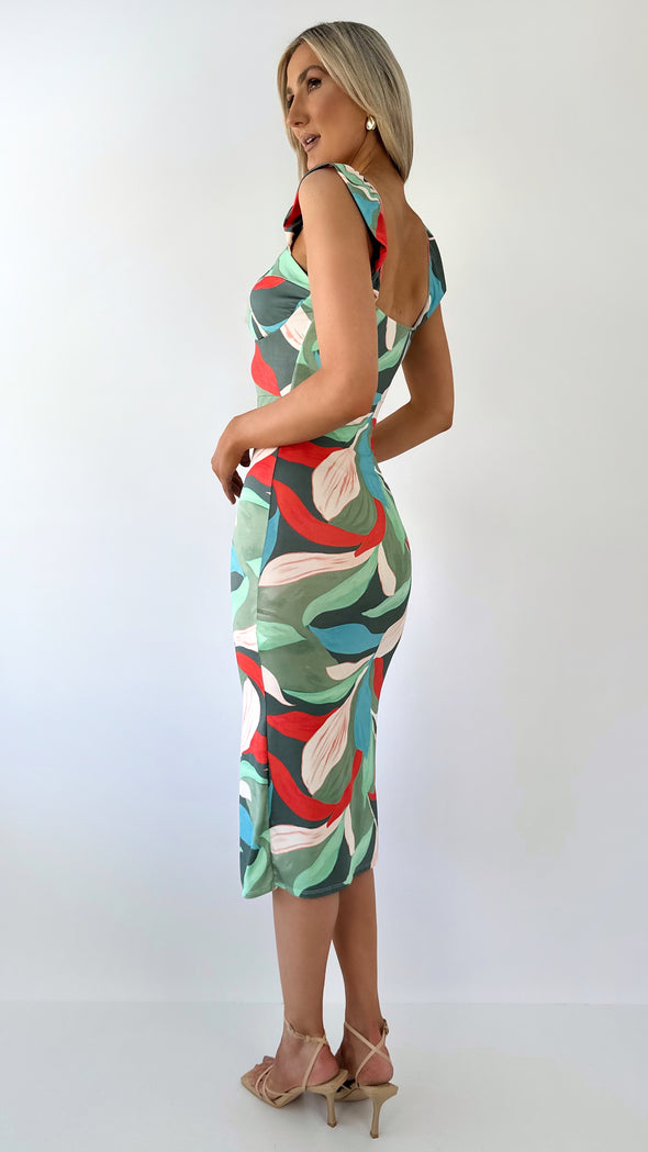 Sharon Printed Bodycon Dress with Front Slit - Green