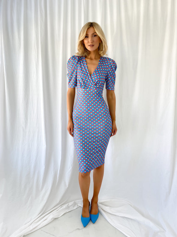 Yvonne Shell Print Pencil Dress with Puff Shoulders - Blue