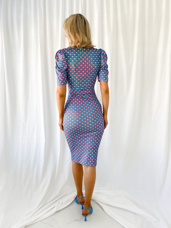 Yvonne Shell Print Pencil Dress with Puff Shoulders - Blue