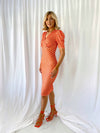 Yvonne Shell Print Pencil Dress with Puff Shoulders - Orange