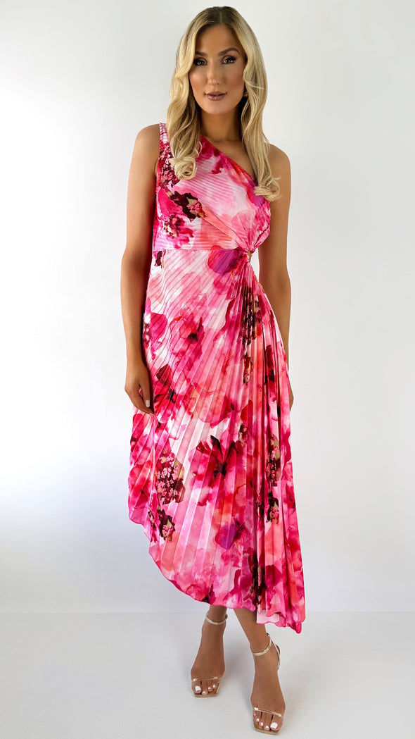 pink floral print chiffon one shoulder draped bodycon dress Pink floral print one shoulder draped chiffon bodycon dress