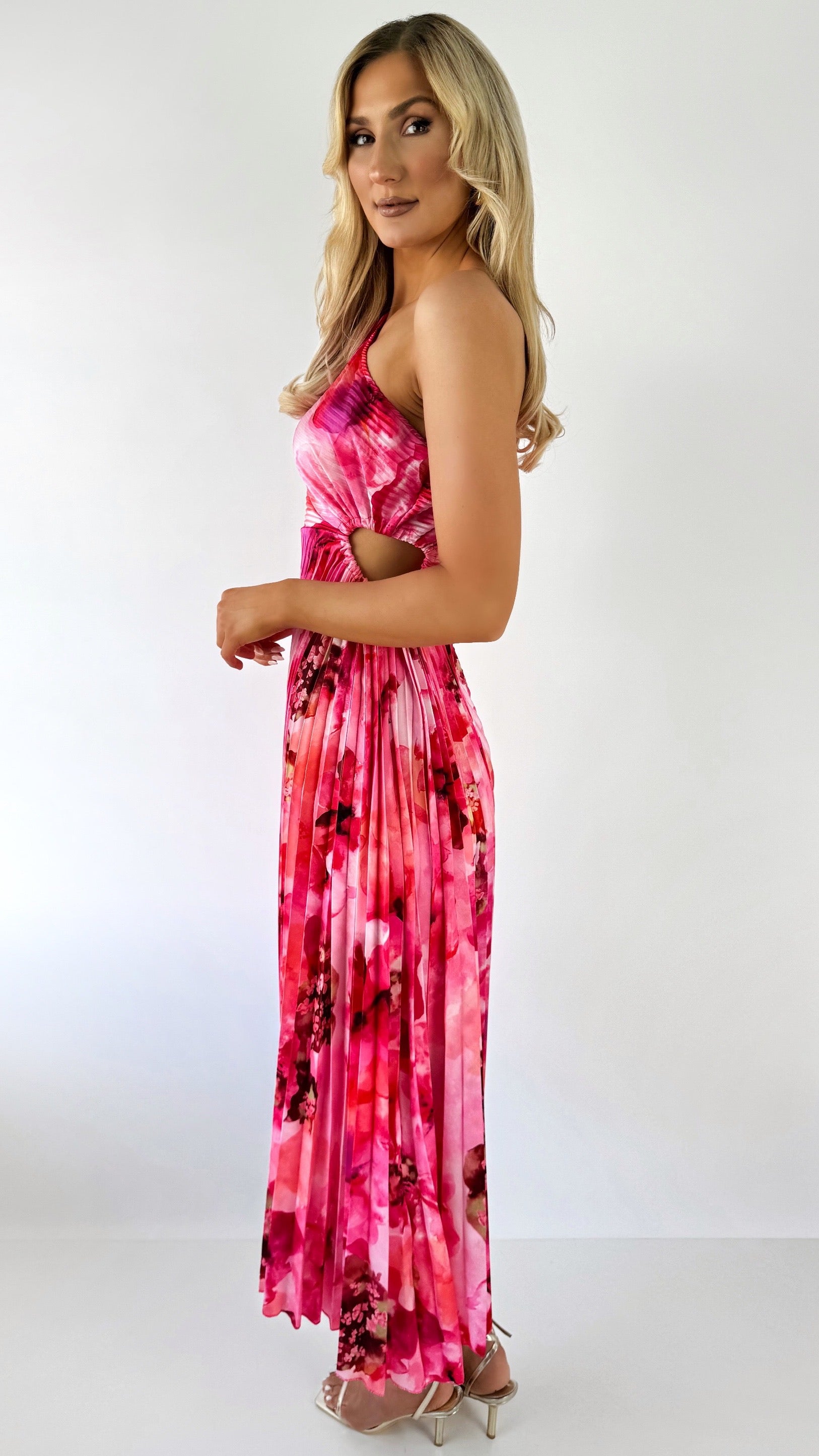 pink floral print chiffon one shoulder draped bodycon dress ASOS DESIGN one-shoulder draped maxi dress in pink floral print