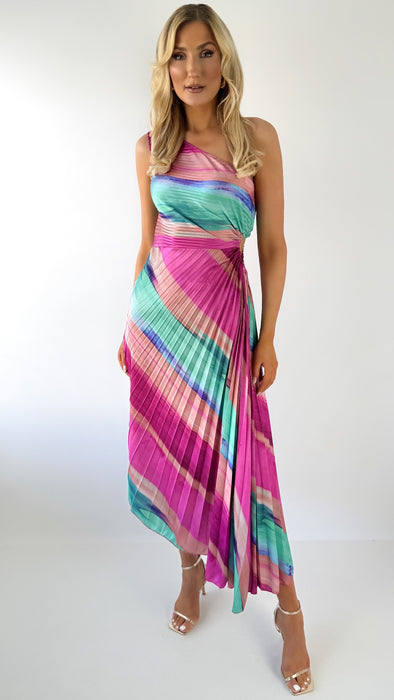 Vivian One Shoulder Drape Dress - Rainbow