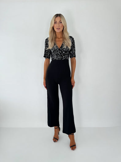 Delphine Silver Sequin Top Wide Leg Jumpsuit