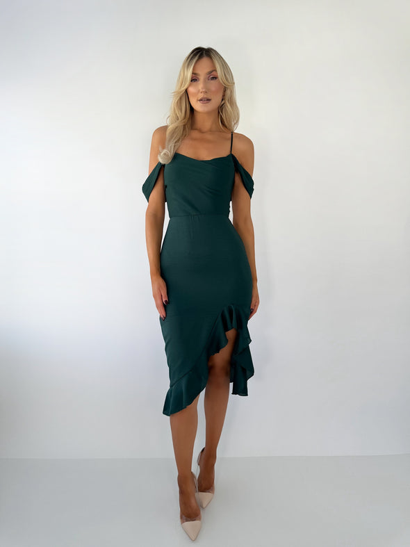 Kamilla Green Asymmetric Off Shoulder Midi Dress