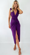 Melissa Bodycon Midi Dress with Front Knot and Open Back - Purple